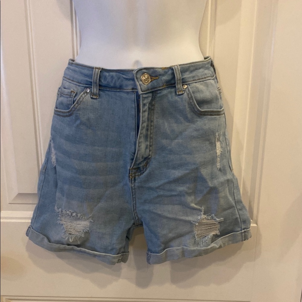 🔥5/$20🔥 Blue High-Waisted Jean Shorts with Distressed Hem